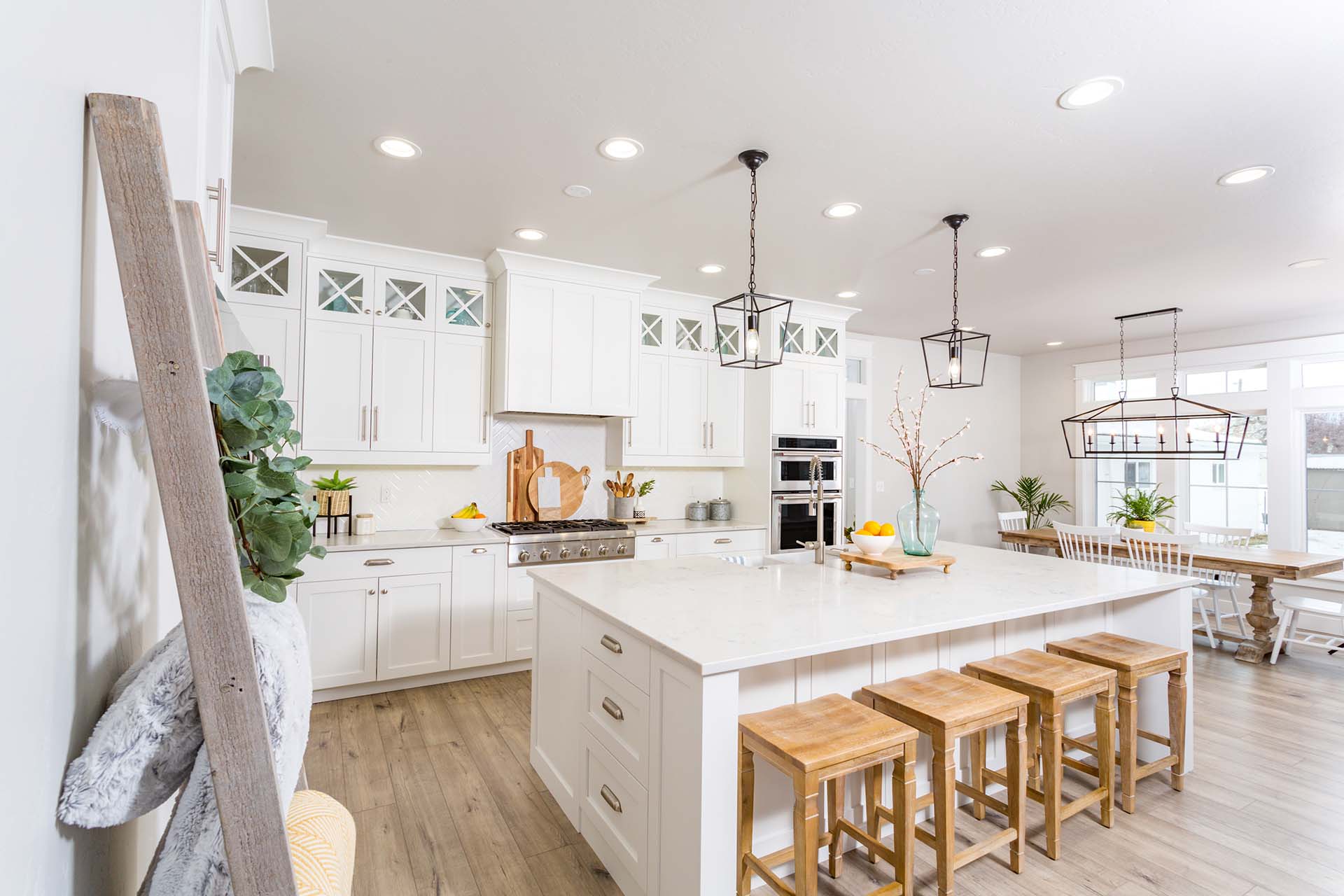 A kitchen in a modern farmhouse.