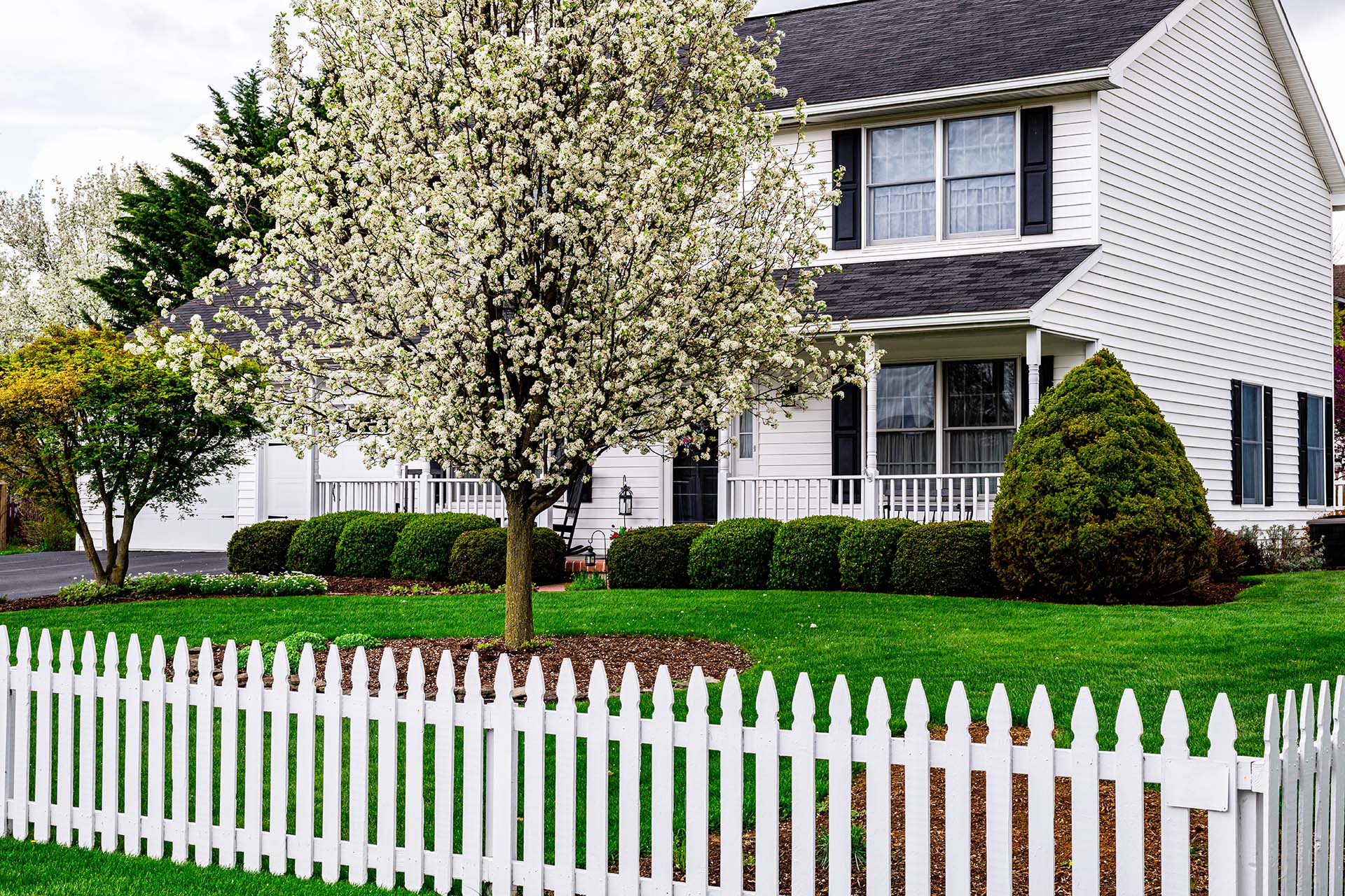 white colonial home with white picket fence