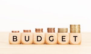 Word “budget” on wooden cubes with coins stacked on them.