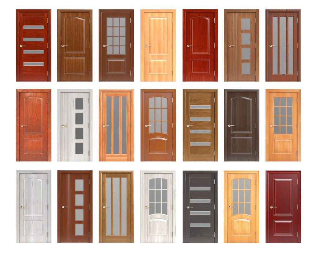 An image of replacement doors in various styles, materials, and finishes is displayed, showcasing options from modern designs with glass panels to classic wooden frames.